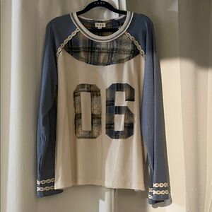 POL Blue and Cream Long Sleeve Top